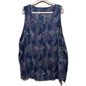 Linen Blend Blue Floral Layering Tunic Top Women L/XL? Relaxed Coastal Lagenlook